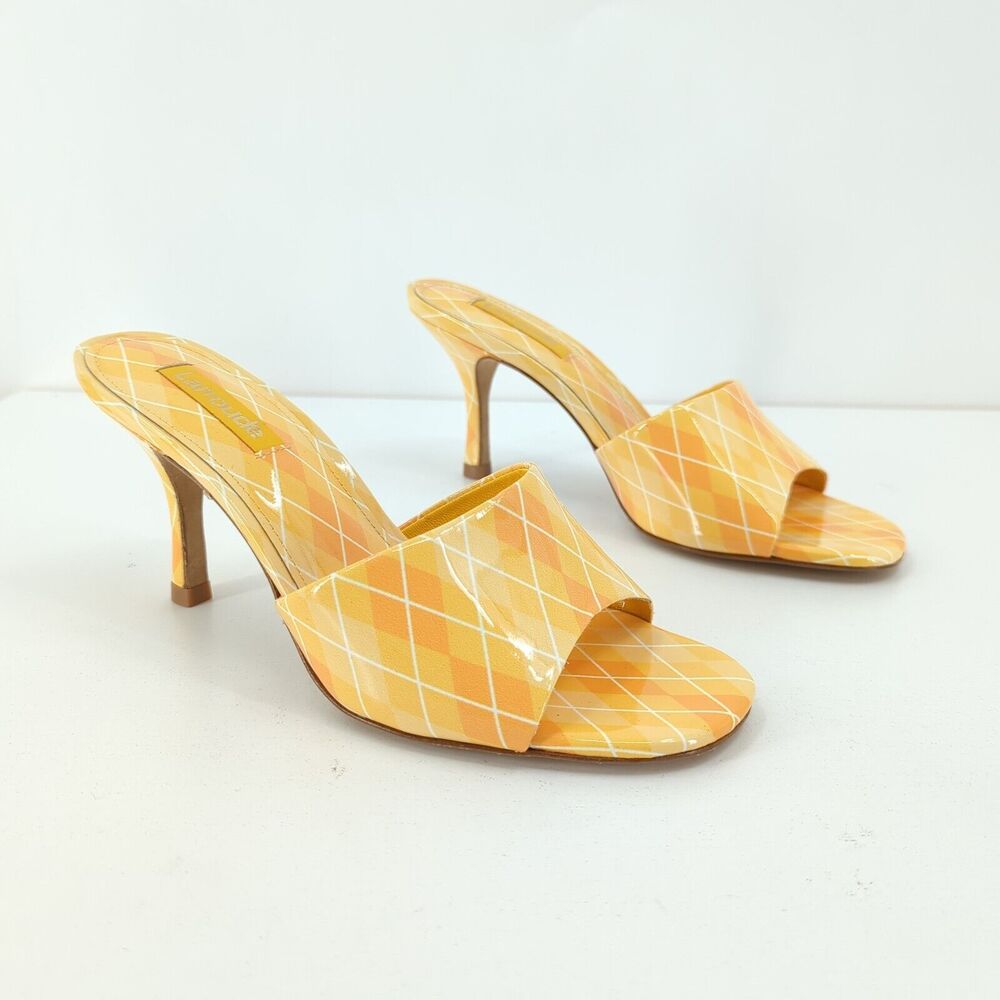 Larroude Women 6 Colette Mule Sandal Argyle Yellow Kitten Square Toe NEW FLAW
